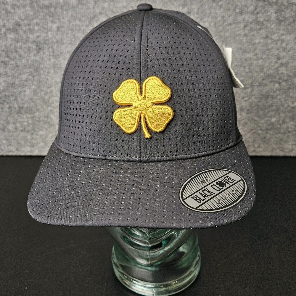 NWT Black Clover Hat Golf Black Gold Clover Size S/M‎ Stretch Mesh